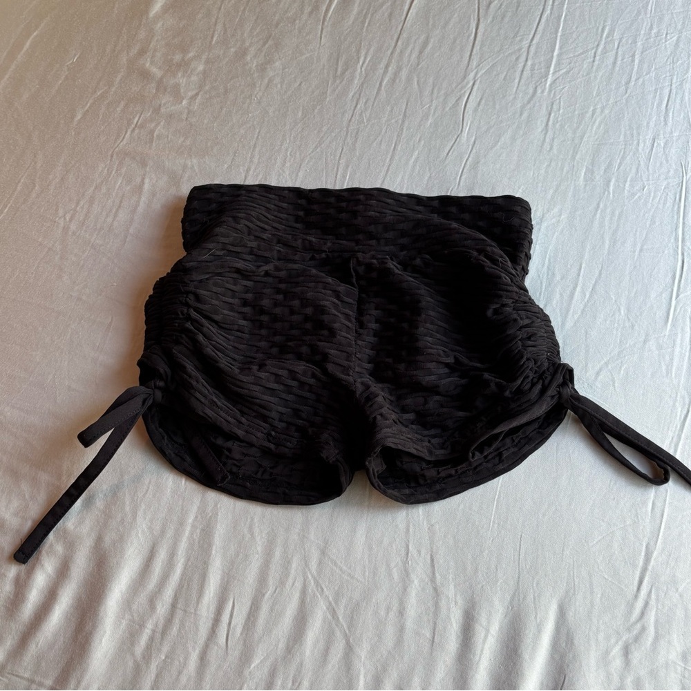 Black Textured Shorts with Side Ties